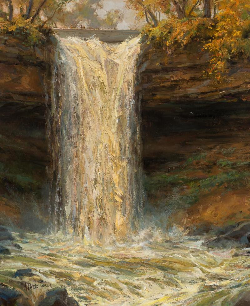 Mary Pettis, “Minnehaha Falls in Autumn,” 2018, oil on linen, 24 x 20 in. Minnehaha Falls State Park, Minnesota (sold)