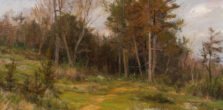 Mary Pettis, “Cedars in Springtime,” 2016, oil on linen, 16 x 24 in. plein air, Taylors Falls, Minnesota