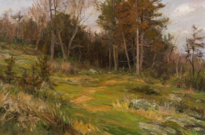 Mary Pettis, “Cedars in Springtime,” 2016, oil on linen, 16 x 24 in. plein air, Taylors Falls, Minnesota