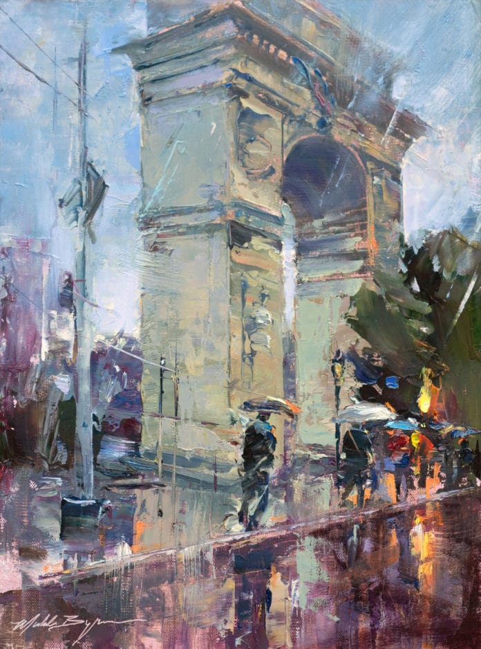 Michele Byrne, Washington Square Rain, 2019, oil, 12 x 9 in., Available from artist, Plein air and studio