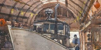 Thomas Bucci, “Labor of Love,” 2019, watercolor, 11 x 15 in., Collection the artist, Plein air