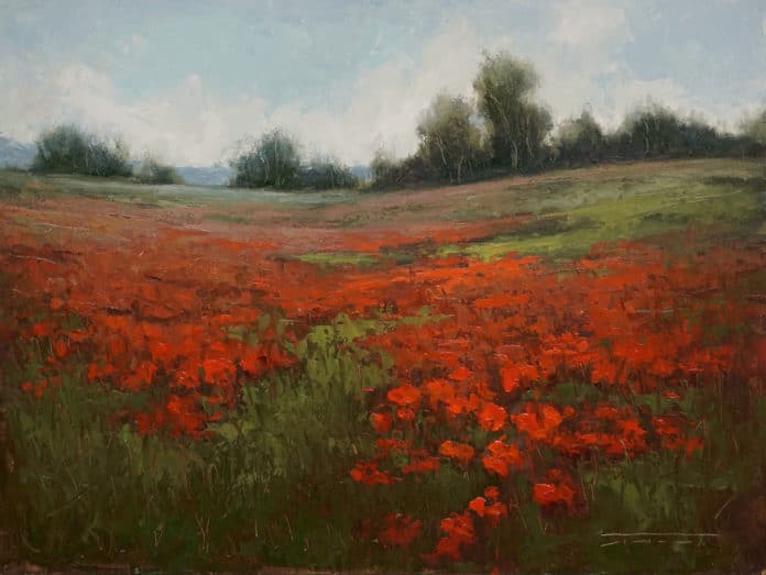 Jane Hunt, “May Poppies,” 2019, oil, 9 x 12 in., Private collection, Plein air