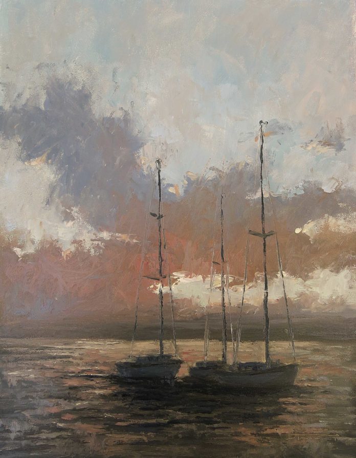Jane Hunt, “Boats at Dusk,” 2019, oil, 14 x 11 in., Private collection, Plein air