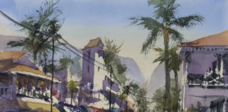 David Savellano, “Lahaina Morning Glow,” 2020, watercolor