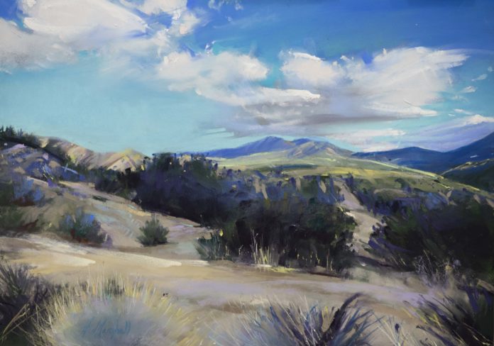 Heidi A. Marshall, “Cloud Rhapsody,” 2020, pastel, 12 x 16 in., Available from Sage Creek Gallery, Santa Fe, NM, Plein air