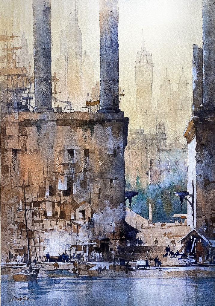 Thomas W Schaller, "Imagined City View," 2020, watercolor, 22 x 15 in.