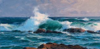 Don Demers, "Laguna Breakers," oil, 10 x 16 in. seascape painting