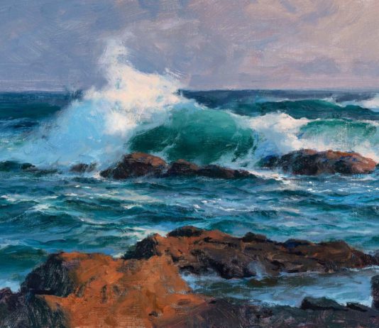 Don Demers, "Laguna Breakers," oil, 10 x 16 in. seascape painting