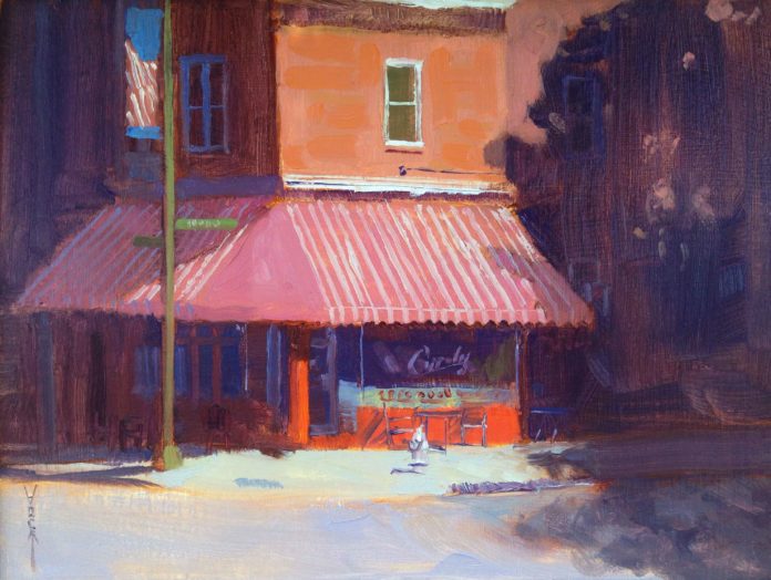Doug Clarke, “Coppola’s Deli,” 2014, oil, 9 x 12 in., Private collection, Plein air Plein air oil painting
