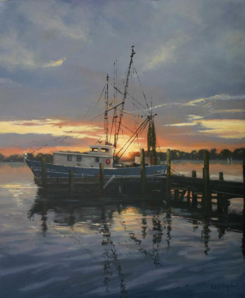 Painting of a boat at sunrise