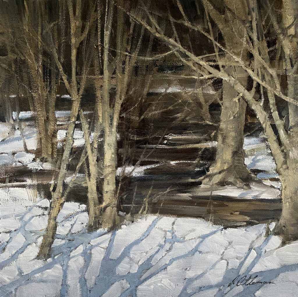 Painting of a snowy landscape with trees