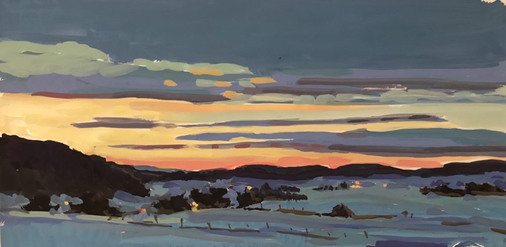 Painting of a snowy landscape with sunset