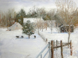 Painting of a snowy rural landscape