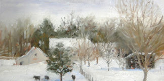 Painting of a snowy rural landscape