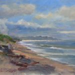 Rick J. Delanty, “Spring Clouds Over the Pier,” 2020, acrylic under oil, 11 x 14 in., Private collection, Plein air