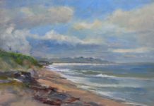 Rick J. Delanty, “Spring Clouds Over the Pier,” 2020, acrylic under oil, 11 x 14 in., Private collection, Plein air