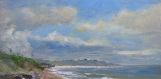Rick J. Delanty, “Spring Clouds Over the Pier,” 2020, acrylic under oil, 11 x 14 in., Private collection, Plein air