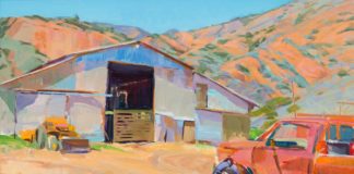 Marcia Burtt, “Barn at Walking R Ranch,” 2011, acrylic, 20 x 30 in., Private collection, Plein air