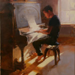 painting of a man at a piano - Lyn Boyer, "Prelude," oil on linen panel, 24 x 18 in.