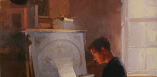 painting of a man at a piano - Lyn Boyer, "Prelude," oil on linen panel, 24 x 18 in.