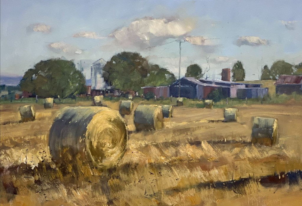 Oil painting of hay bales
