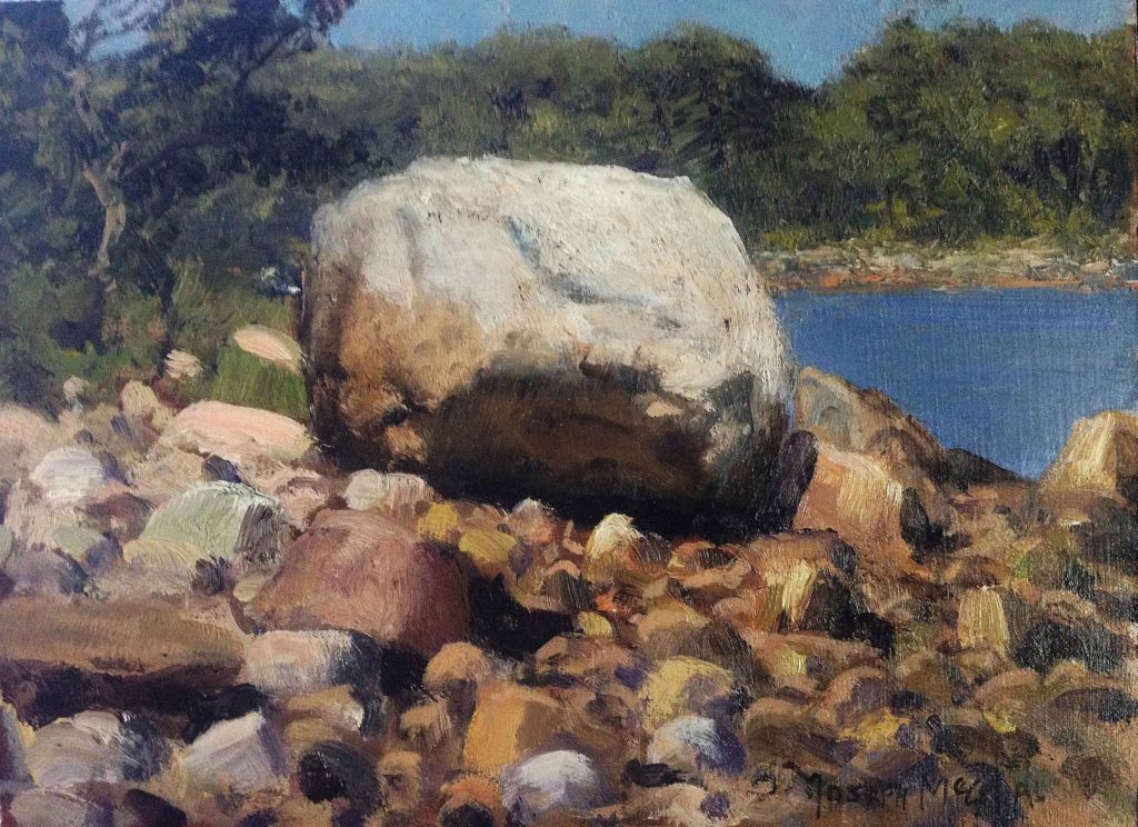 Plein air painting of large rocks