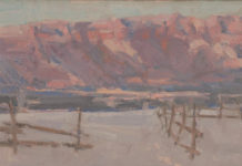 Painting of a farm fence in winter