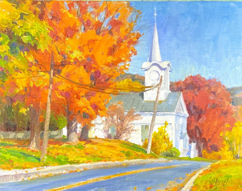 Oil painting of a church
