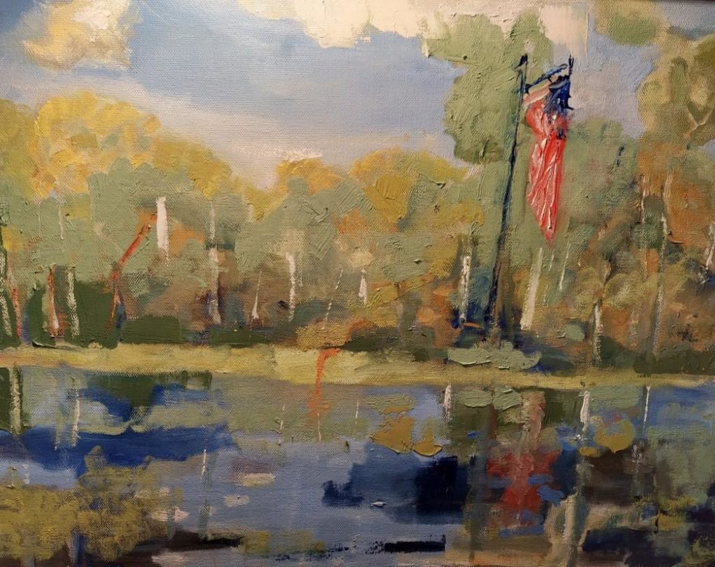 Oil painting of a pond with trees with American flag