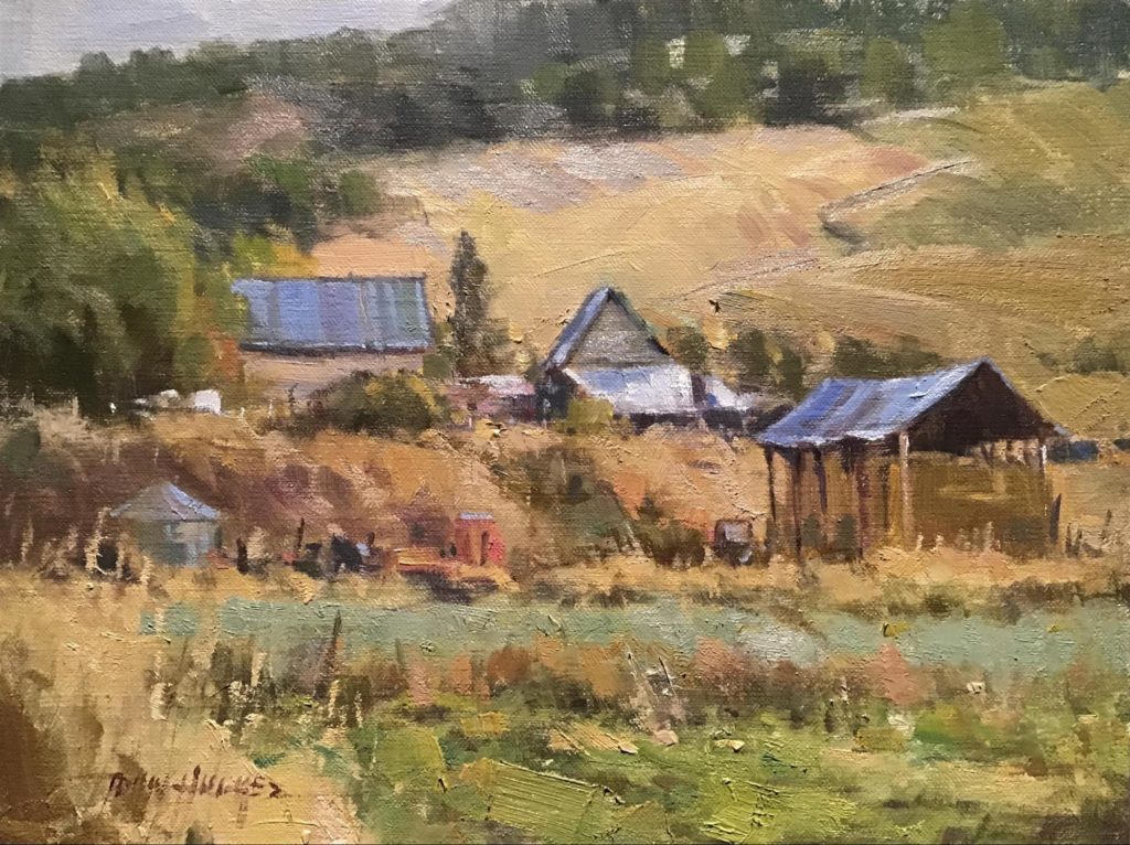 Oil painting of a rural landscape