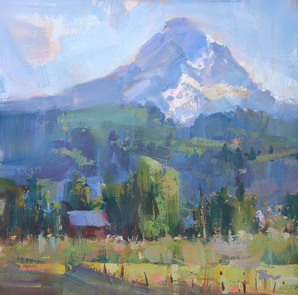Gouache landscape painting of a mountain