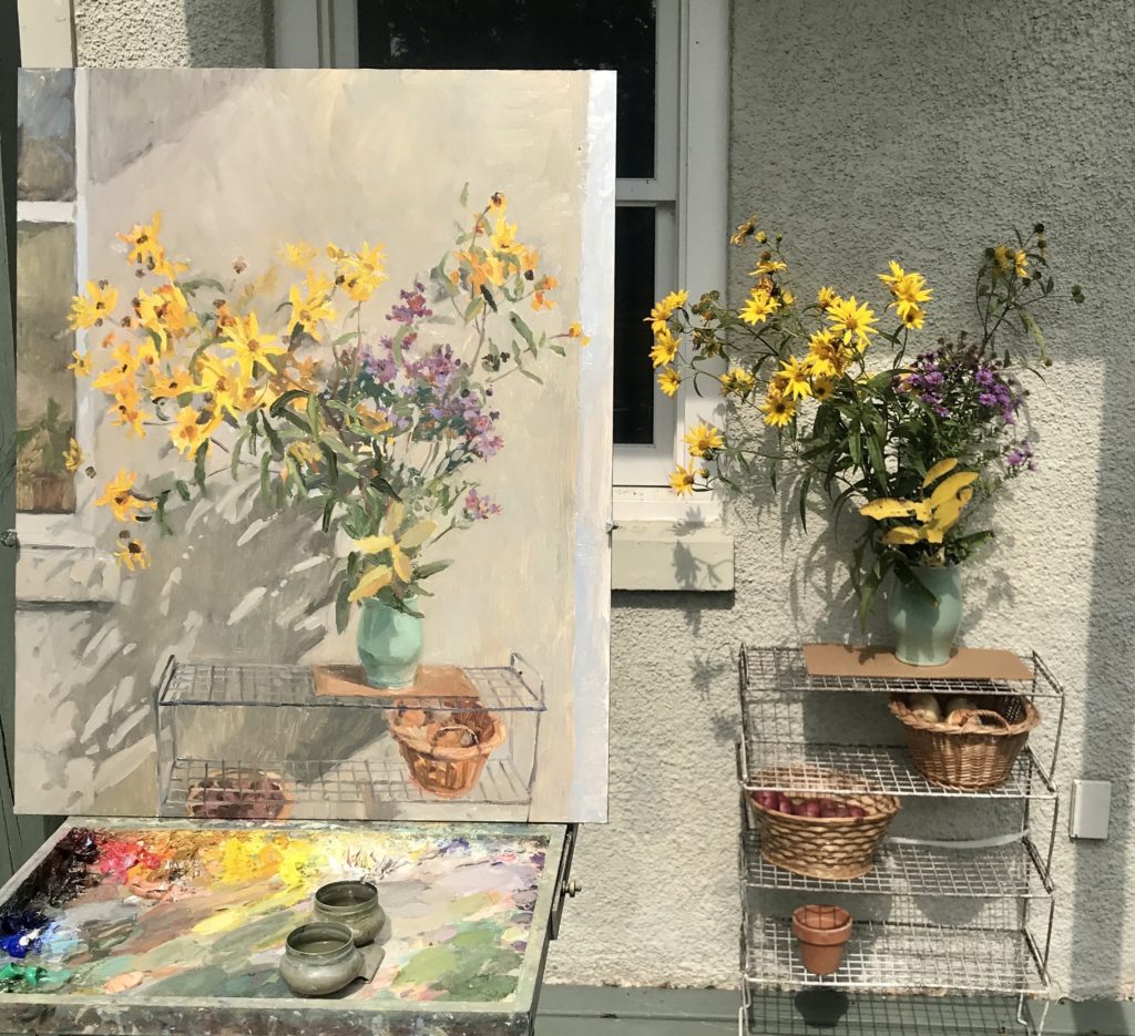 Oil painting of wildflowers in progress