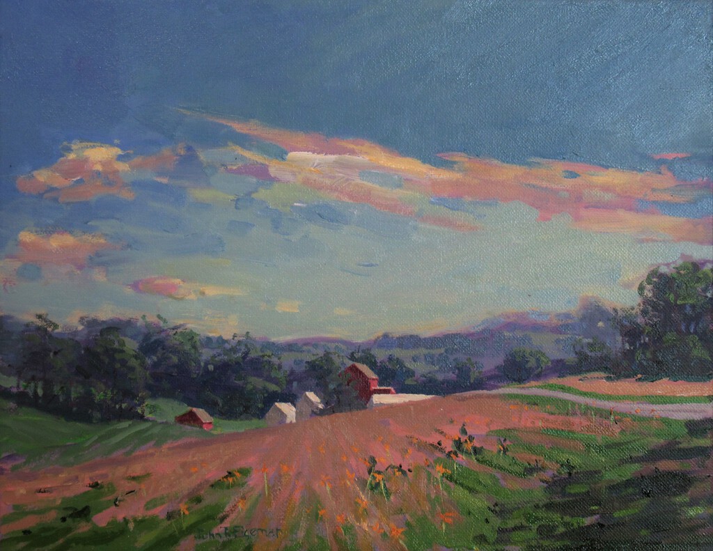 Plein air painting of a farm