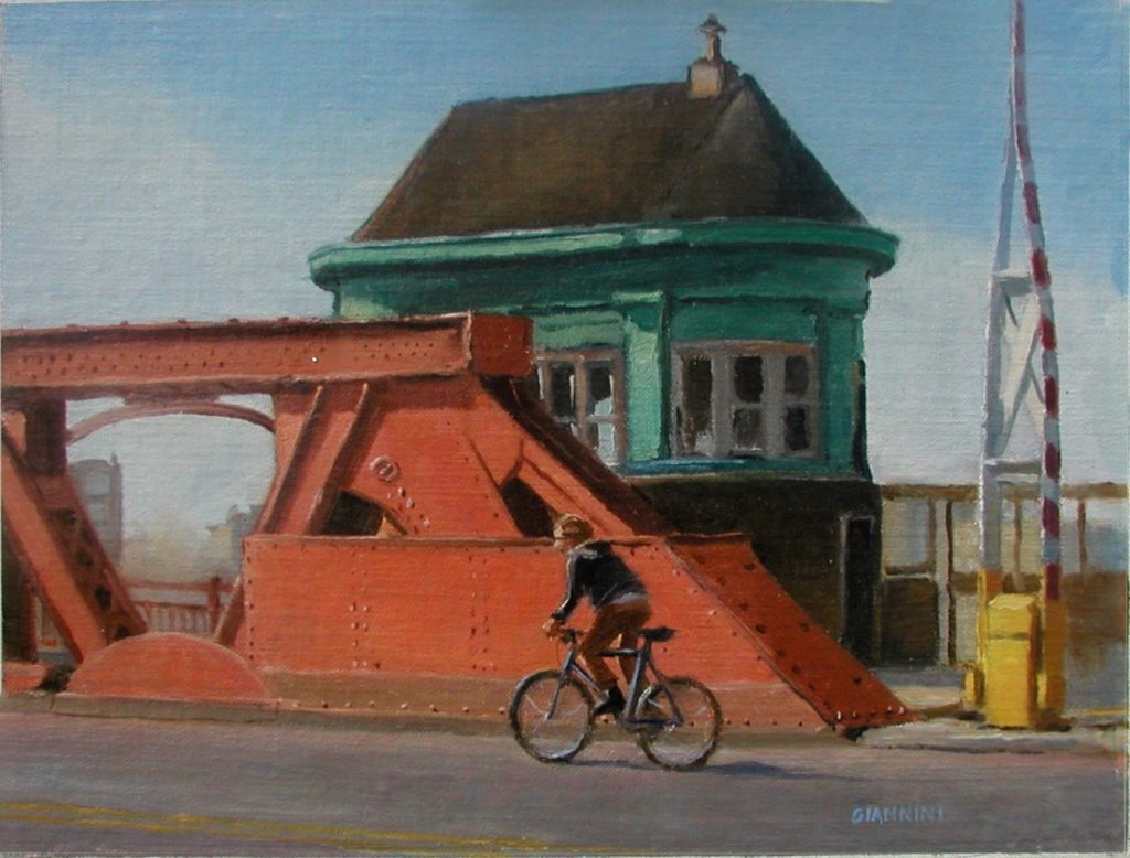 Painting of a person on a bicycle