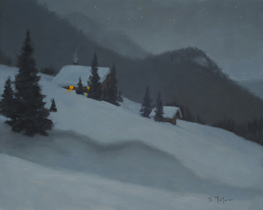Nocturne oil painting of cabin on snowy hillside.