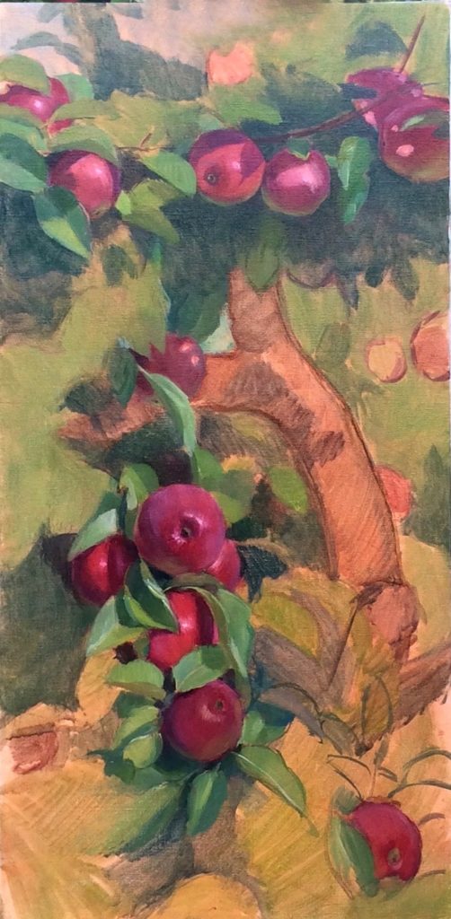 in-progress painting of apples