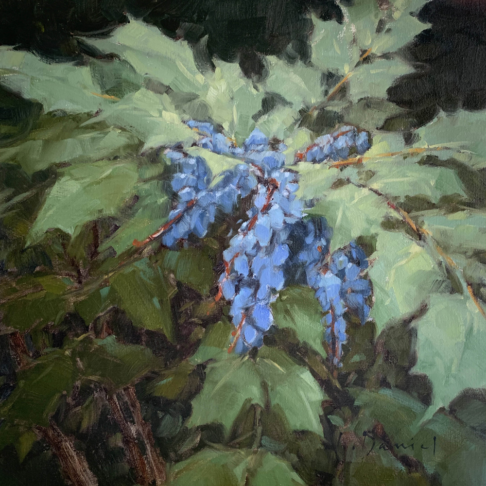Painting of dusty blue berries and pale green leaves.