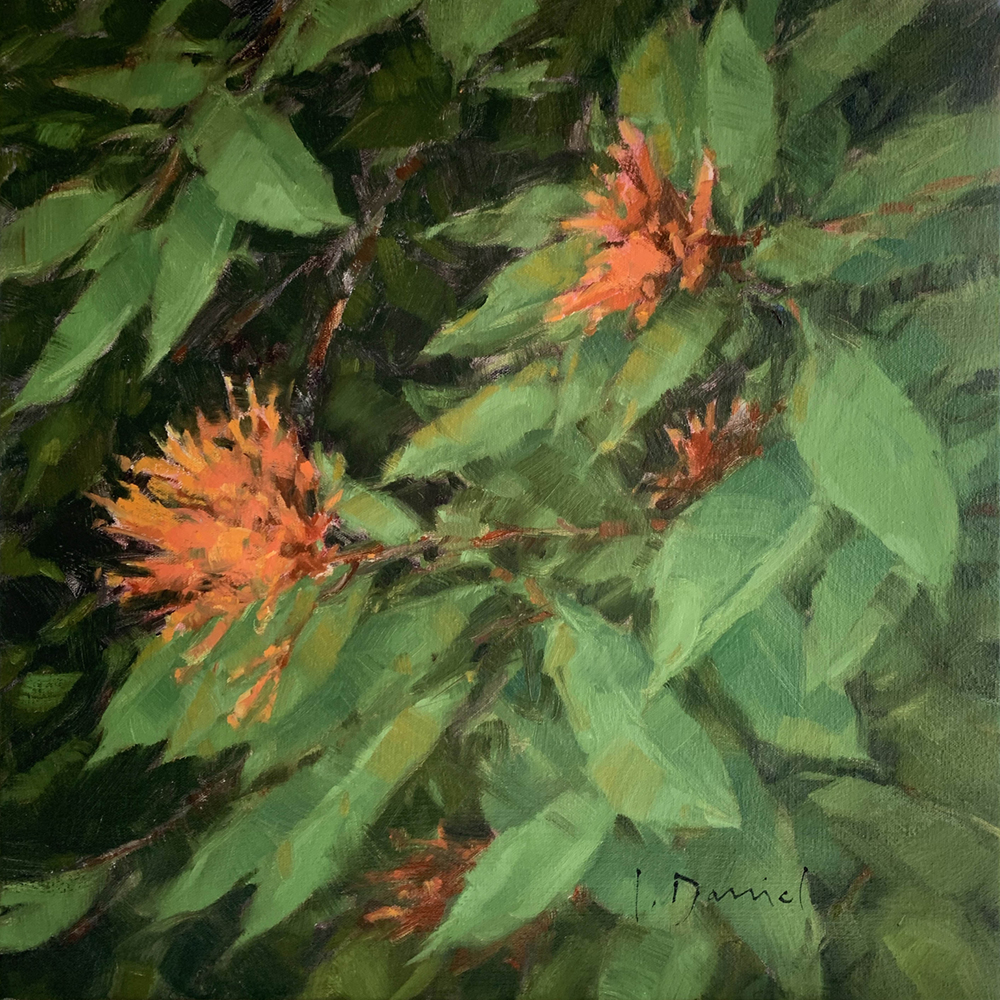 Oil painting of a red flower with green leaves.