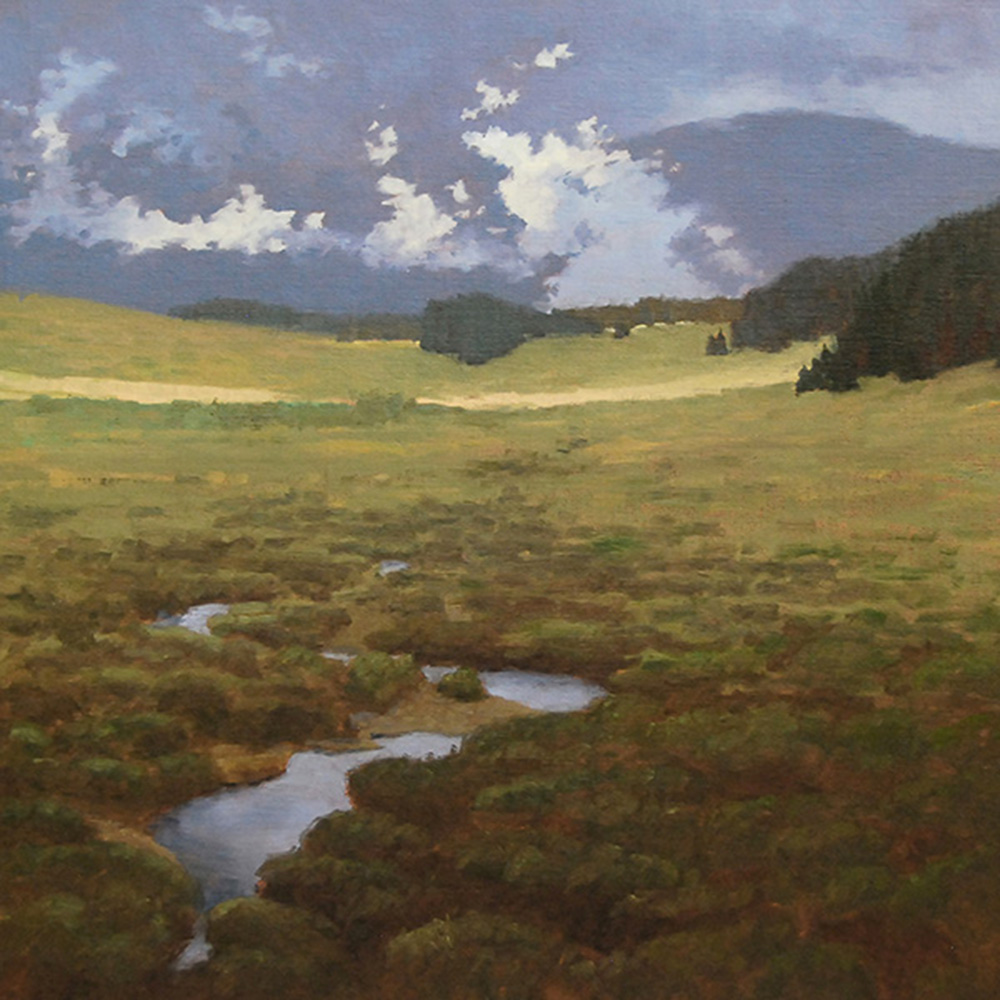 Oil painting with green grasses and stream in foreground and misty mountains in background