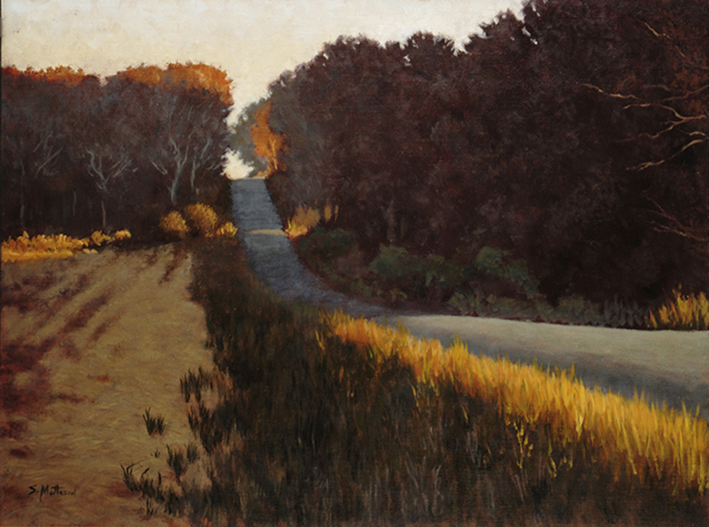 Oil painting of country road with field and trees