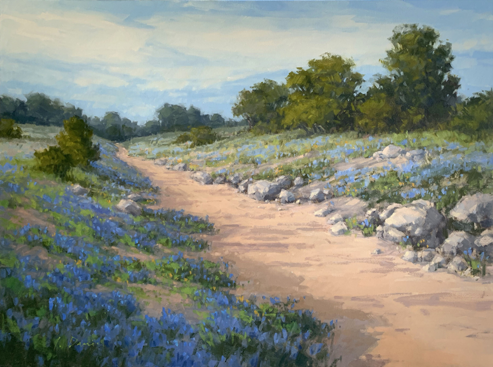 Painting of a dirt road surrounded on both sides by blue flowers and trees in the background