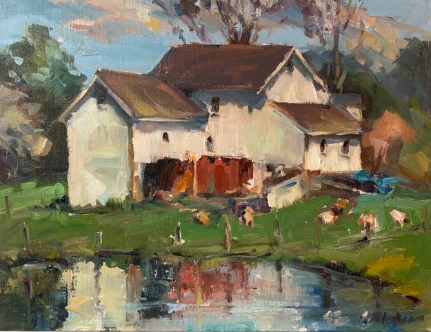 Plein air painting of a farm