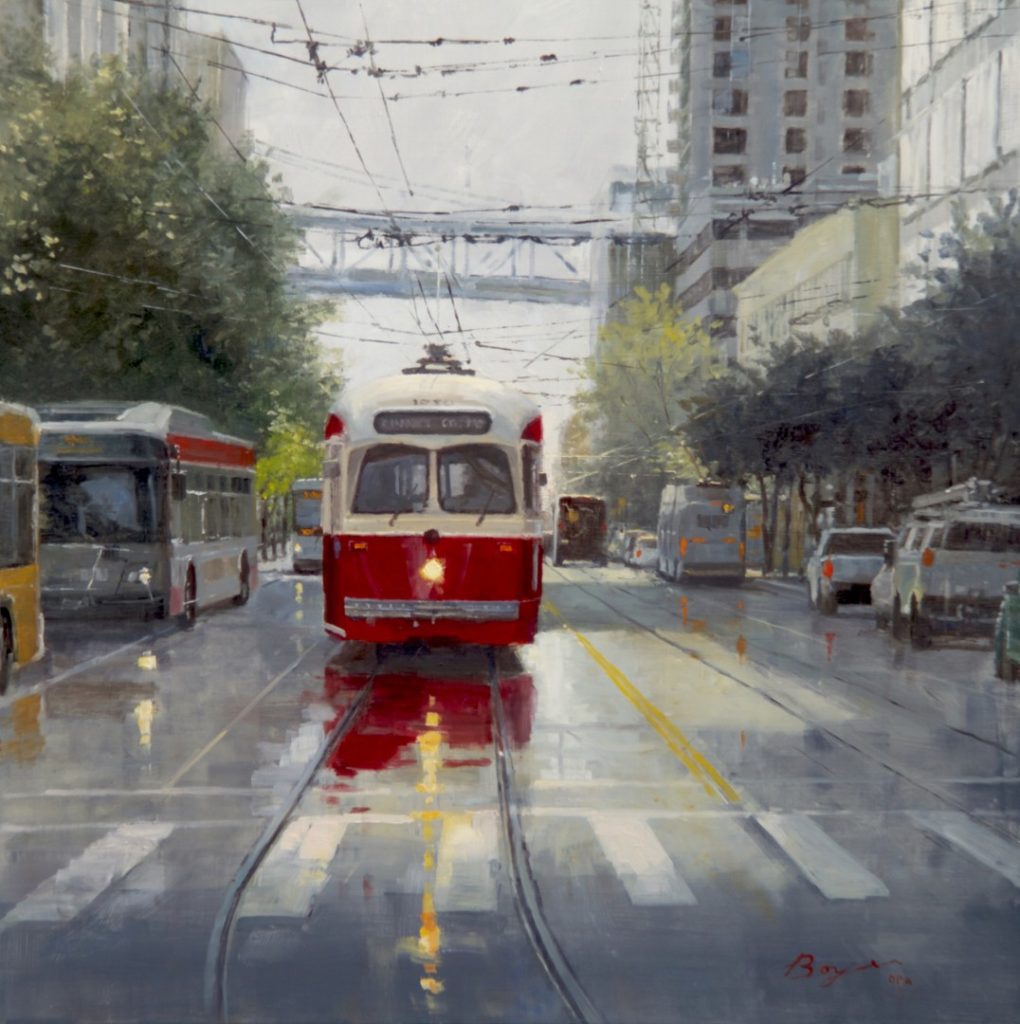 Oil painting of a trolley