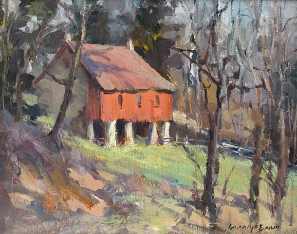Oil painting of a barn