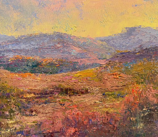 Brightly colored oil painting of flowers and mountains