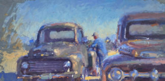 Oil painting of two old Ford trucks