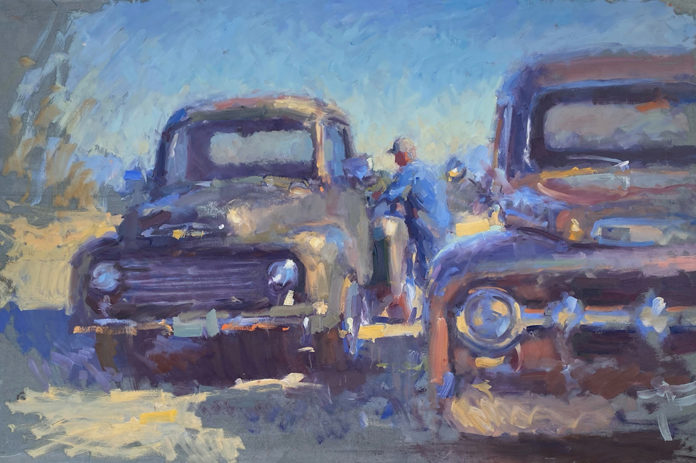 Oil painting of two old Ford trucks