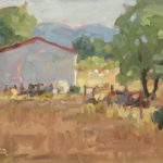 Oil painting of a sheep barn, by Stuart Roper