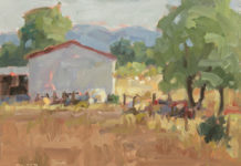 Oil painting of a sheep barn