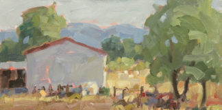 Oil painting of a sheep barn